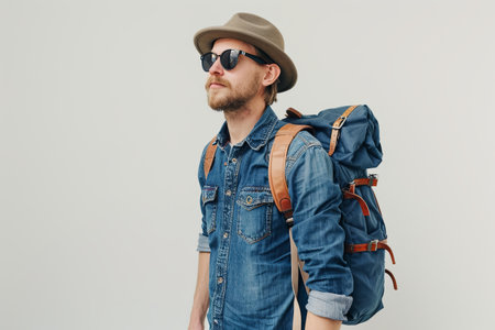 A man dressed in a denim shirt, sunglasses, a hat, and a backpack stands against a white background.の素材