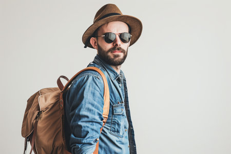 A man in a denim shirt, sunglasses, backpack, and hat stands against a white background.の素材