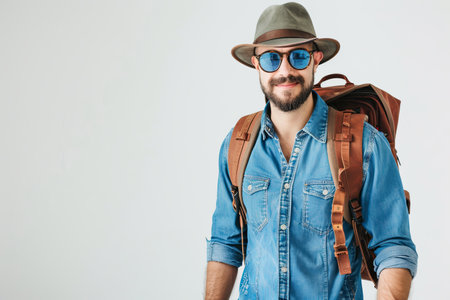 A man in a denim shirt wearing a hat, sunglasses, and backpack against a white background.の素材