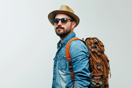 A man wearing a denim shirt, sunglasses, and a hat, carrying a backpack on a white background.の素材