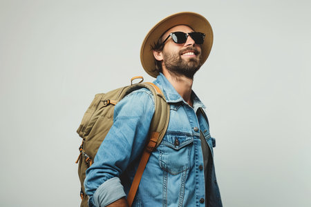 A man with a backpack and hat on, wearing a denim shirt and sunglasses against a white background.の素材