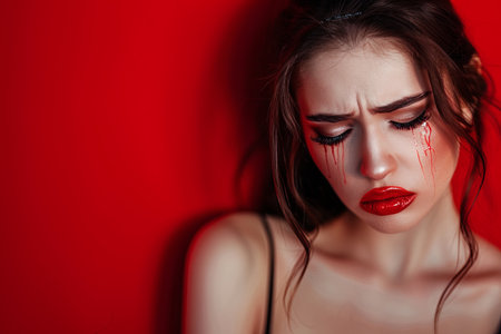 A young woman with blood-streaked face and eyes, tears mixing with red lipstick and mascara on a colored background.の素材