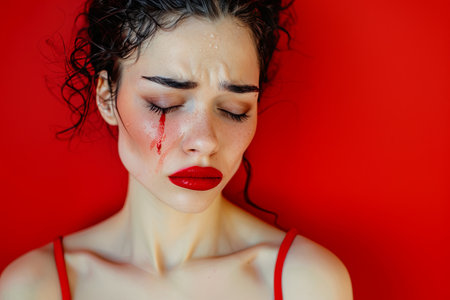A young woman with closed eyes and a bleeding nose, tears falling down her face, and smeared lipstick on a colorful background.の素材