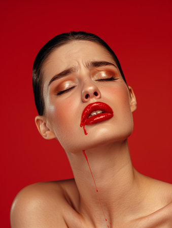 A young woman, her face streaked with red lipstick and flowing mascara, cries sorrowfully against a colored backdrop.の素材