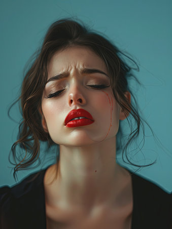 A young woman with closed eyes showcasing red lipstick and tears streaking down her face.の素材