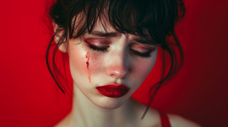 A young woman with blood-streaked face and eyes, tears flowing down her cheeks, red lipstick smeared, and mascara running.の素材