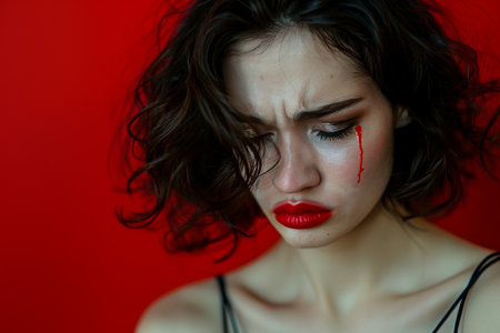 A young woman with blood on her face and nose, wearing smeared red lipstick and flowing mascara, expresses deep sadness and despair.の素材