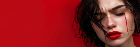 A young woman with blood dripping down her face, tears mixing with flowing mascara, and smeared red lipstick in a melancholic portrait.の素材