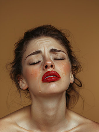 A young woman wearing red lipstick, with her eyes closed and tears streaming down her face.の素材