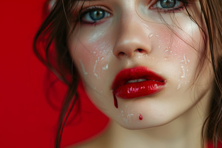 A young woman with smeared red lipstick and flowing mascara expresses sadness on a colored background.の素材