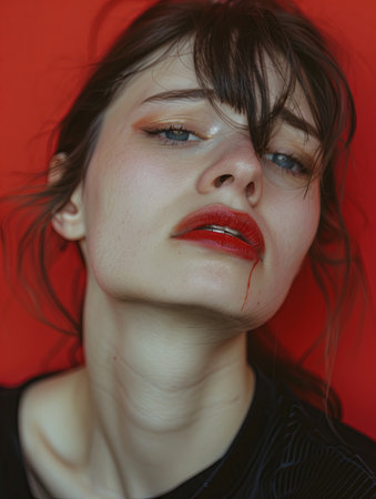 A young woman with red lipstick, tears streaming down her face, and mascara running, against a vivid background.の素材