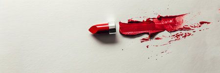 A classic red matte lipstick leaves a bold smear and draws a swatch line on a white surface.の素材