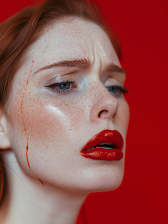 A young woman with tears in her eyes, wearing red lipstick that is smudged on her face, and mascara flowing down her cheeks.の素材