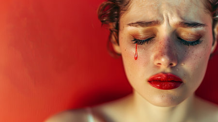 A young woman closes her eyes as blood drips from one eye, contrasting with her smeared red lipstick and flowing mascara on a colored background.の素材
