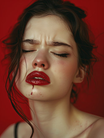 A young woman with closed eyes, tears streaming down her face, blood smudged across her skin, and mascara running.の素材