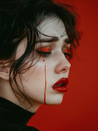 A young woman with red makeup, streaked mascara, and blood smudges on her face expressing sorrow on a colored background.の素材