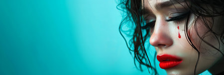 A young woman with red lipstick and blood streaks on her face, tears streaming down, in a portrait of sorrow and despair.の素材