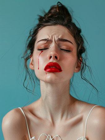 A young woman with closed eyes and a bleeding lip, tears flowing down her cheeks, and red lipstick smeared.の素材