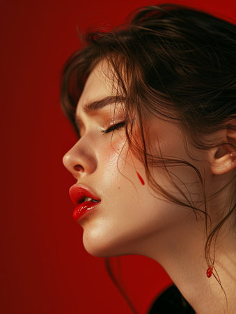 A woman with closed eyes donning red lipstick, shedding tears with mascara running down her cheeks on a vibrant backdrop.の素材