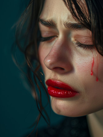 A close up of a person with a bleeding eye, tears mixing with mascara on a colored background.の素材