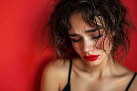 A young woman with wet hair, flowing mascara, and smeared red lipstick gazes sadly against a colored background.の素材