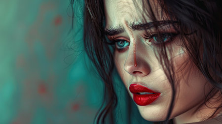 Close-up of a young woman with smeared red lipstick and running mascara, expressing sadness on a colored background.の素材