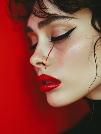 A young woman with closed eyes, tears streaming down her face, smudged red lipstick, and flowing mascara on a vibrant red background.の素材