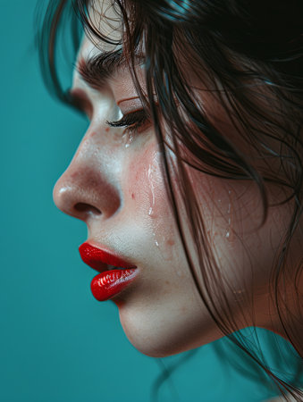 A young woman with smeared red lipstick and flowing mascara cries against a vibrant green backdrop.の素材