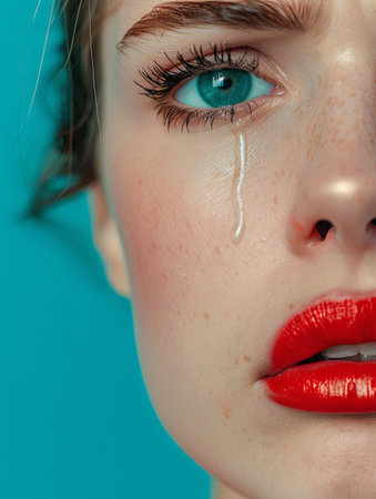 A young womans face adorned with red lipstick, tear-streaked cheeks, and mascara running down, expressing sadness.の素材