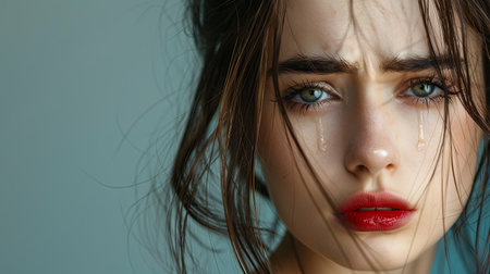 A close up of a young woman with tears streaming down her face, smudged lipstick, and running mascara.の素材