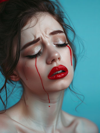 A young woman with blood-like tears cascading down her face, tear-stained cheeks, and smeared red lipstick, conveying heartbreak and turmoil.の素材