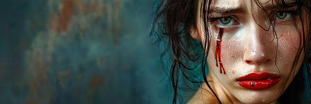A young woman with tears streaming down her face, blood smeared lips, and red lipstick disheveled, captured amidst a colorful backdrop.の素材