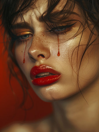 A young woman with blood dripping down her face, tears streaming, smeared red lipstick, and flowing mascara on a colored background.の素材