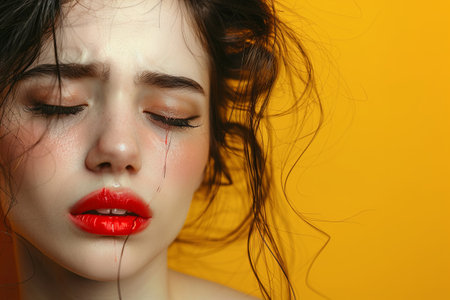 A young woman with red lipstick and white makeup, tears streaming down her face, set against a colored background.の素材