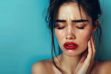 A young woman, with flowing mascara and smeared lipstick, holds her face in despair against a colored background.の素材
