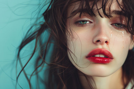 Close up of a woman with wet hair, her eyes filled with tears creating a glistening effect. She appears vulnerable and emotional.の素材