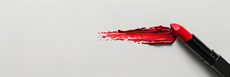 A vibrant open lipstick leaves a bold swatch on a pristine white surface, reflecting classic red allure in a matte finish.の素材