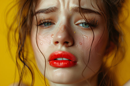 A crying young woman with wet hair and smeared red lipstick, embodying raw emotion against a vibrant backdrop.の素材