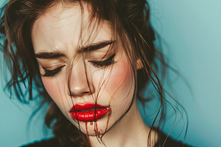 A young woman with closed eyes, blood on her face, smeared lipstick, and flowing mascara, expressing deep sadness and pain on a colored background.の素材