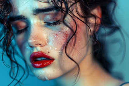 A young woman with wet hair and red lipstick, tears streaking her mascara, is portrayed with a sense of sadness on a colorful background.の素材