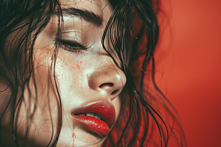 A young woman with wet hair and red lipstick, shedding tears with flowing mascara on a colored background.の素材