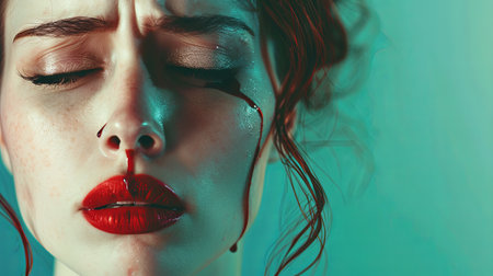 A young woman with closed eyes, tears streaming down her face, blood smeared across her cheeks, and red lipstick running, expressing deep sadness.の素材