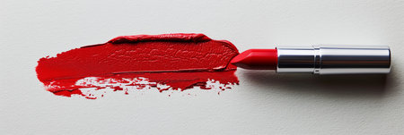 Classic red matte lipstick leaves a vibrant swatch on a white surface, depicting elegance and beauty.の素材