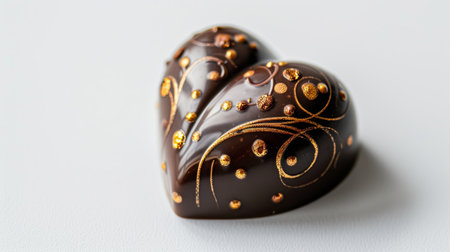 A heart-shaped chocolate adorned with luxurious gold sprinkles on a sleek white background.の素材