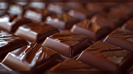Detailed close-up of a smooth dark chocolate bar with visible break lines on a table.の素材