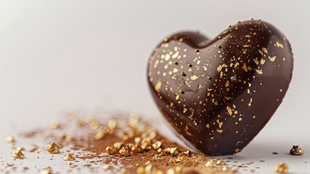 A detailed chocolate heart adorned with golden sprinkles, creating an elegant and romantic appearance on a white background.の素材