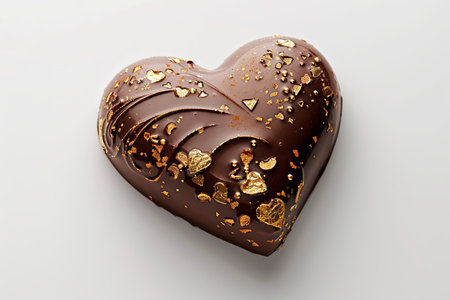 A heart-shaped chocolate adorned with luxurious gold flakes on a white background.の素材