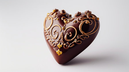 Detailed heart-shaped chocolate with intricate gold adornments on a white background.の素材