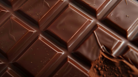 Detailed close-up of a smooth chocolate bar with visible break lines and a perfectly even surface.の素材