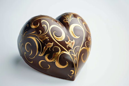 Detailed chocolate heart box adorned with elegant gold designs on a white background.の素材